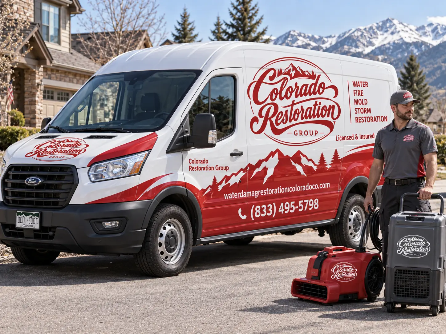 Water damage restoration crew responding to flood damage in a Boulder, CO home